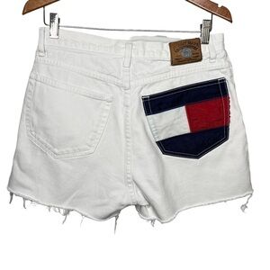 Vintage Tommy Hilfiger 100% cotton White logo pocket cut off Jean shorts Sz 32